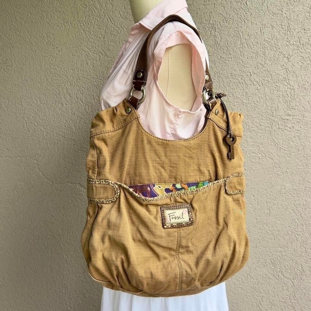 Fossil Brown Patchwork Hobo Shoulder Bag Slouchy Boho Y2K